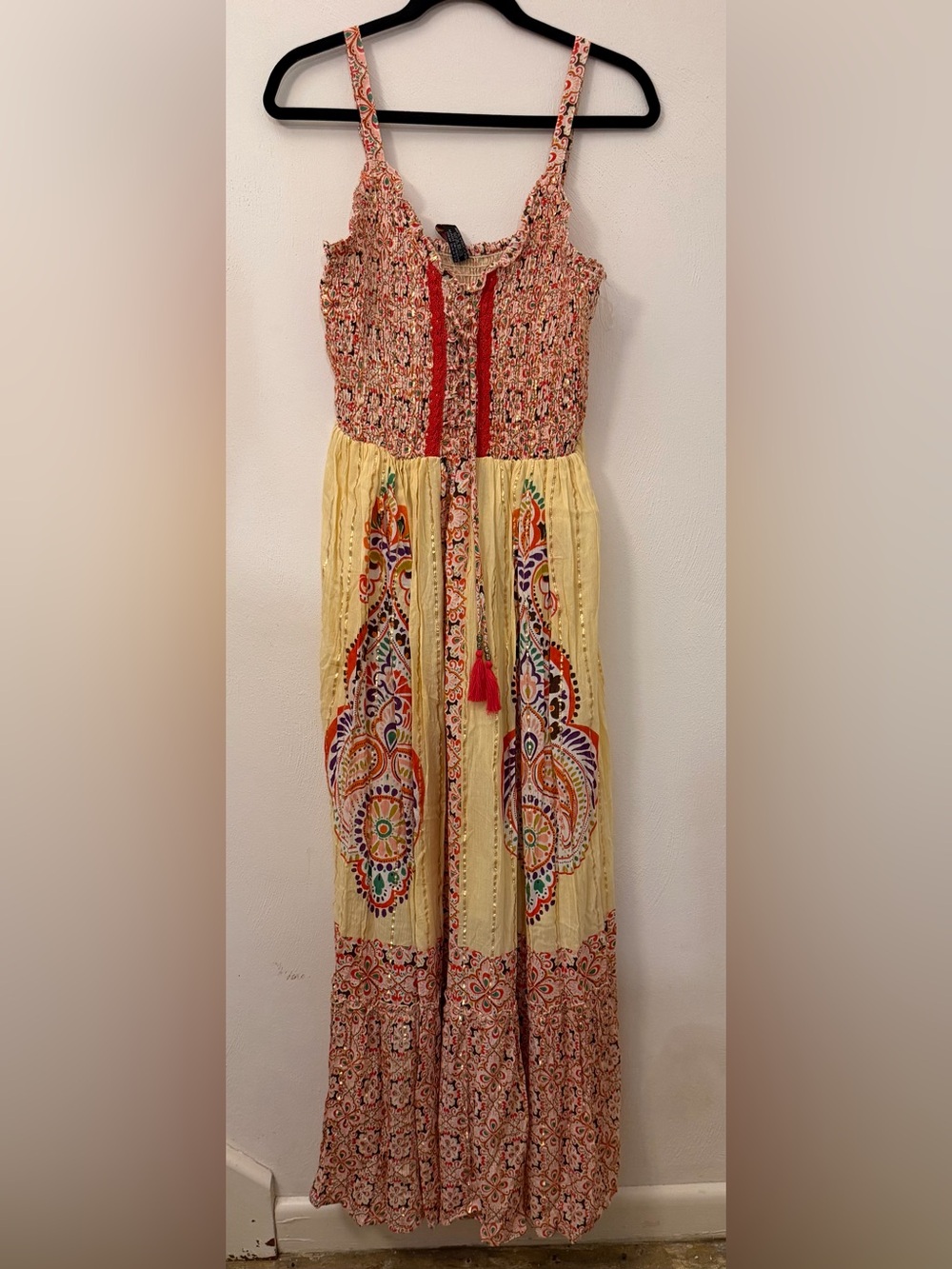 Smocked Yellow Paisley Maxi Dress with Red Trim